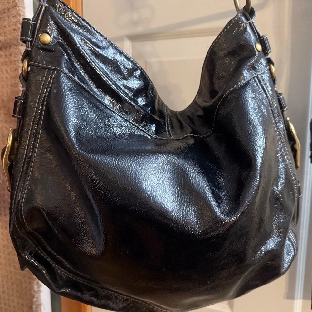 Coach Black Patent Leather Satchel with Gold Accents